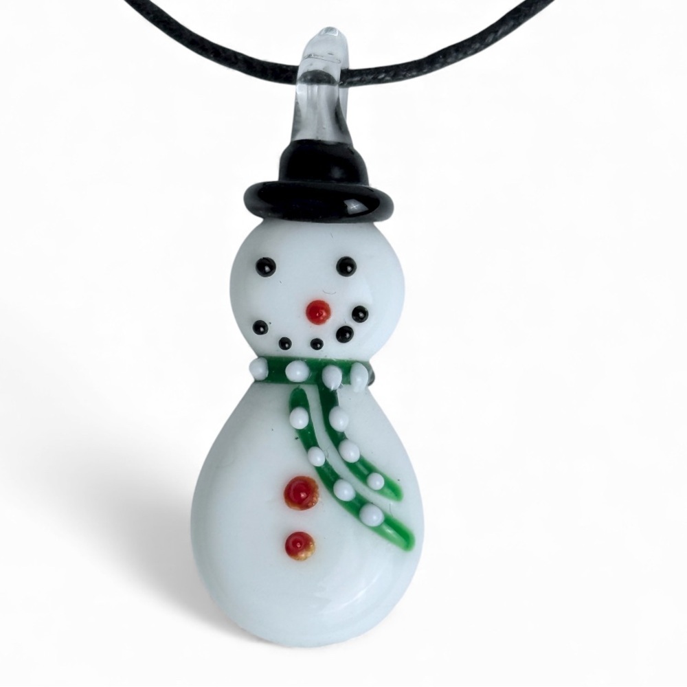 Snowman Pendant Necklace White, Red and Green Lampwork Glass Pendant Necklace